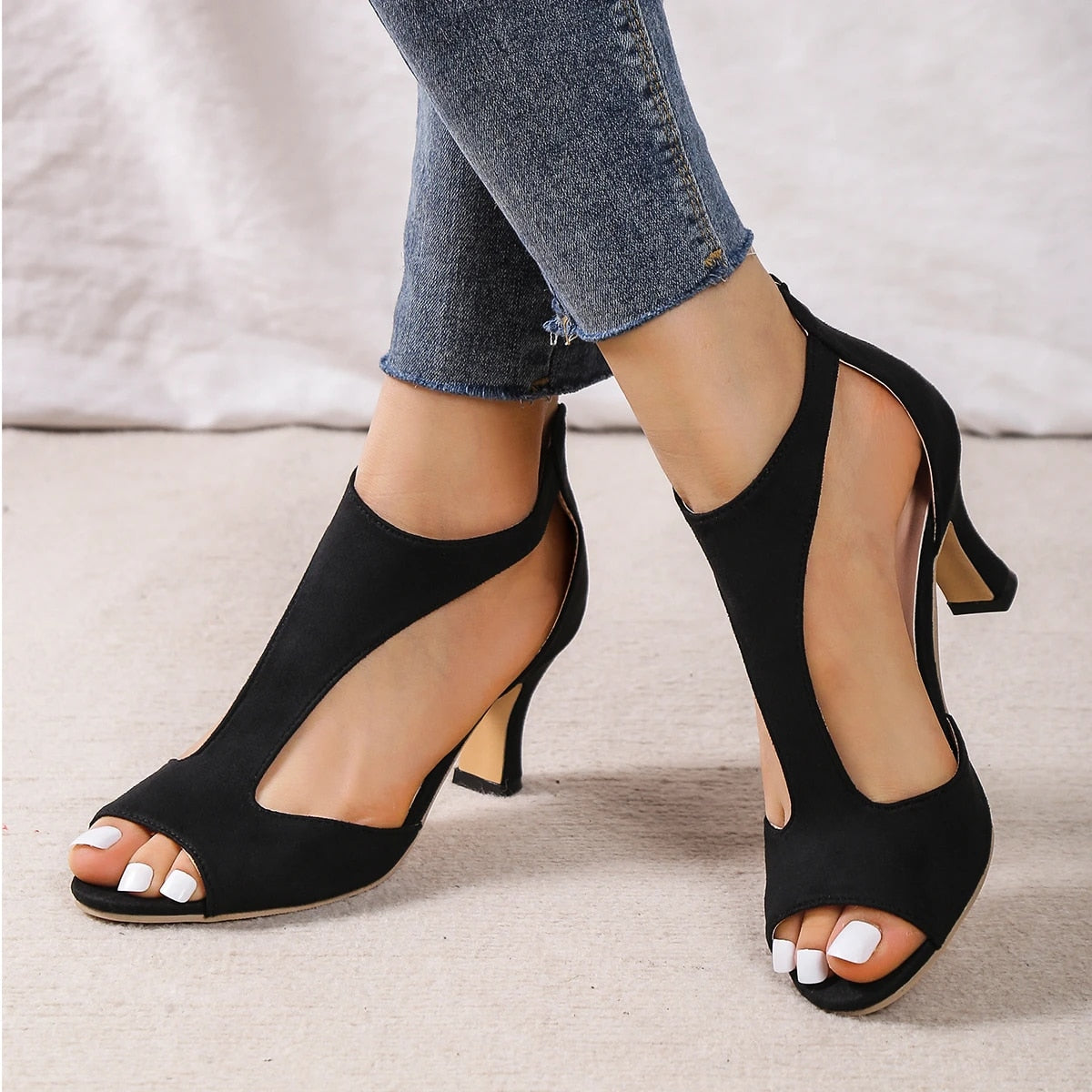 Hnewly Sandals Woman Summer Round Toe Fish Toe Stiletto Sandals Social Shoes Medium Heel Roman High Heels Plus Size Party Elegant