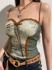 Hnewly Lace Trim Knitted Corset Top