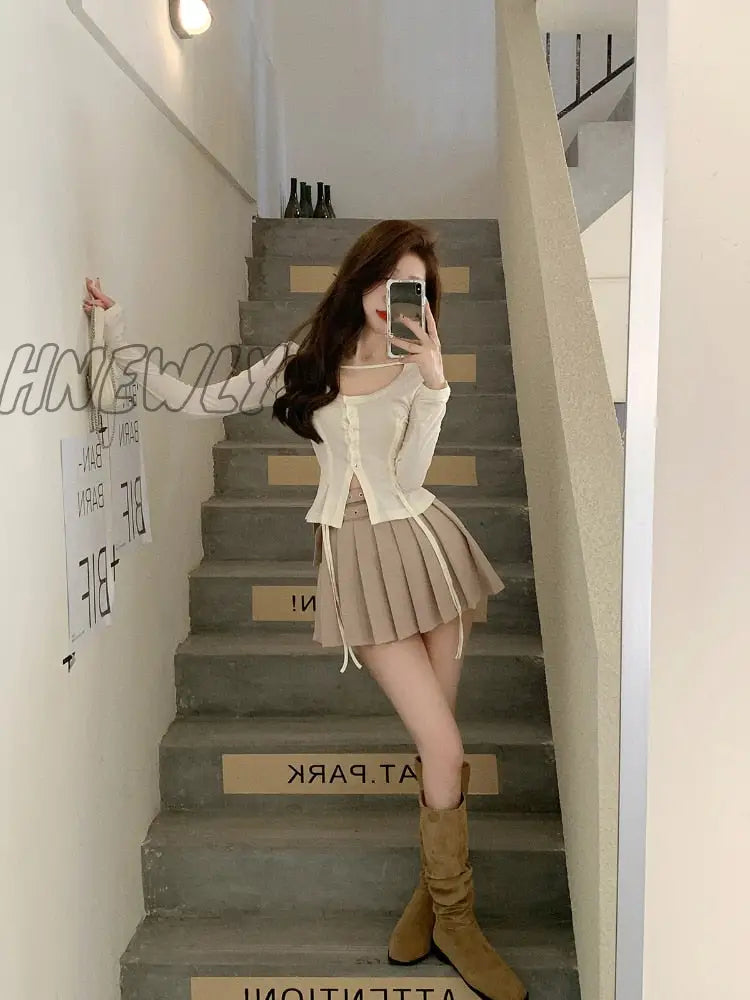 2 Piece Dress Set Women Slim Y2K Crop Tops Fashion Suits Long Sleeve Blouse + Short Skirts Sexy