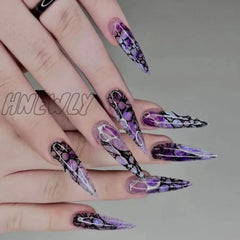 24Pc Halloween False Nails Long Almond Fake Nails Sharp Nail French Ballerina Diamond Press On