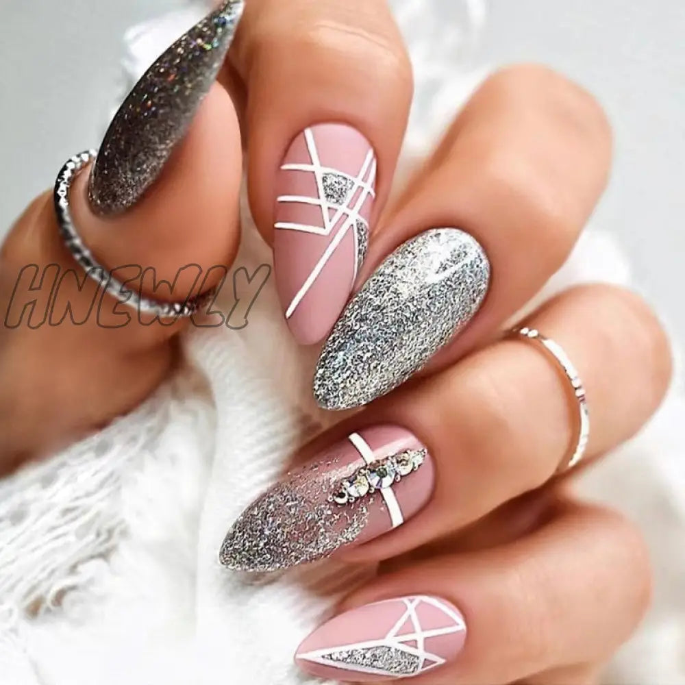 24Pcs Almond Fake Nails With Rhinestone Glitter Geometric Lines Design Press On Detachable Stiletto