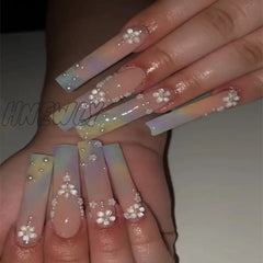 24Pcs Ballet Full Cover Fake Nails Flower Butterfly Design With Rhinestones False Wearable Press On