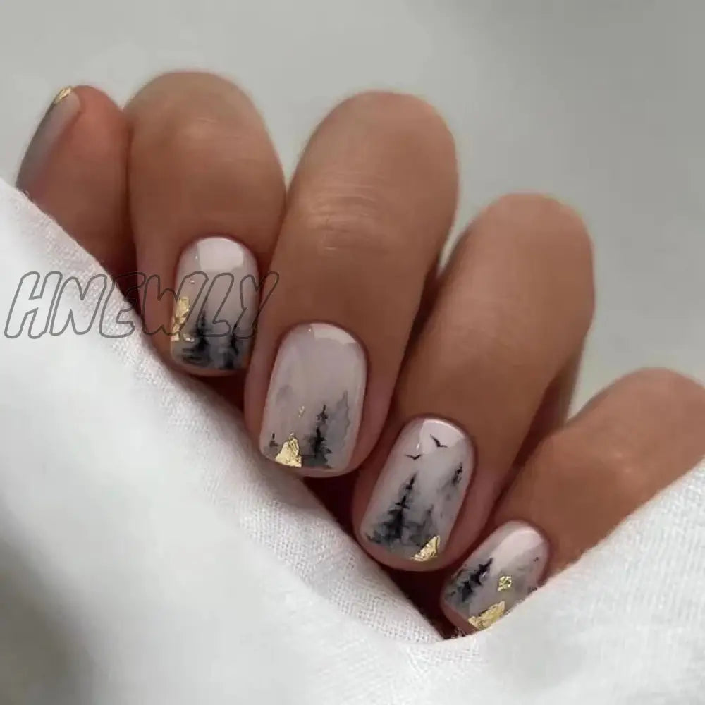 24Pcs Beautiful Marbling False Nails With Design Short Size Artificial Press On Fingernails For