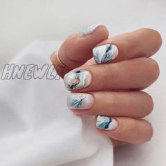 24Pcs Beautiful Marbling False Nails With Design Short Size Artificial Press On Fingernails For