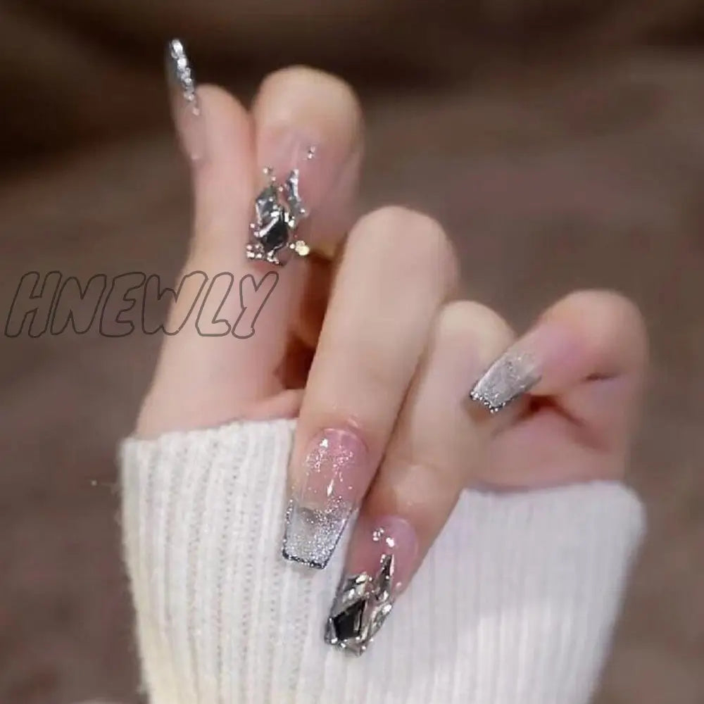 24Pcs Bridal Nail Art Tips With Design Press On Nails Long False Glue Coffin Nail Rhinestones