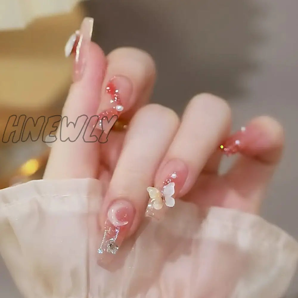 24Pcs Bridal Nail Art Tips With Design Press On Nails Long False Glue Coffin Nail Rhinestones