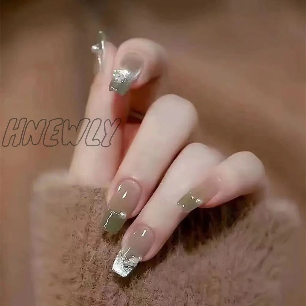 24Pcs Bridal Nail Art Tips With Design Press On Nails Long False Glue Coffin Nail Rhinestones