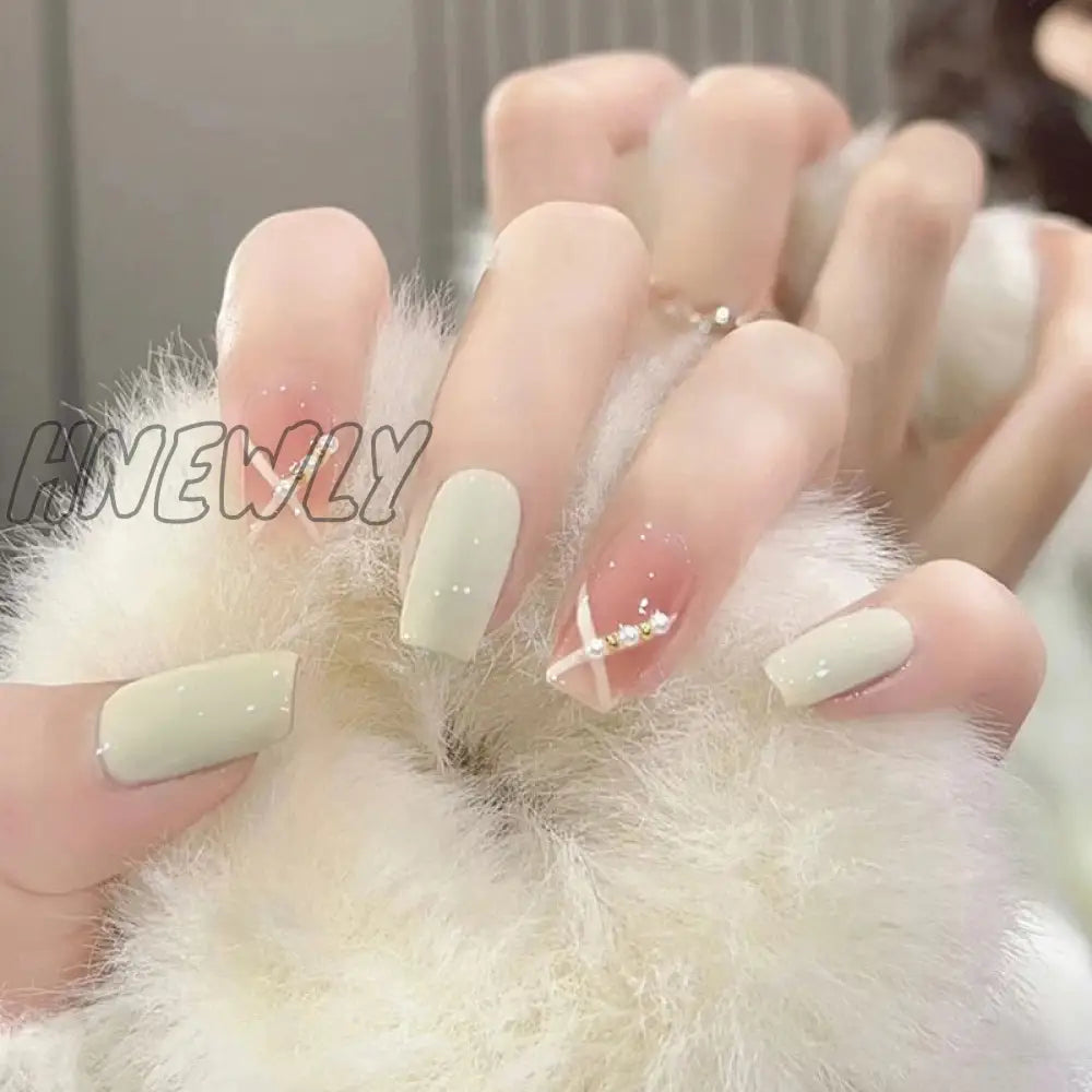 24Pcs Bridal Nail Art Tips With Design Press On Nails Long False Glue Coffin Nail Rhinestones