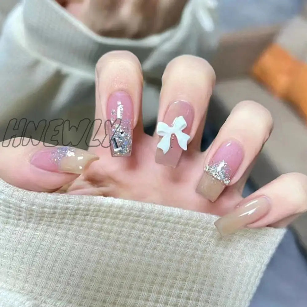 24Pcs Bridal Nail Art Tips With Design Press On Nails Long False Glue Coffin Nail Rhinestones