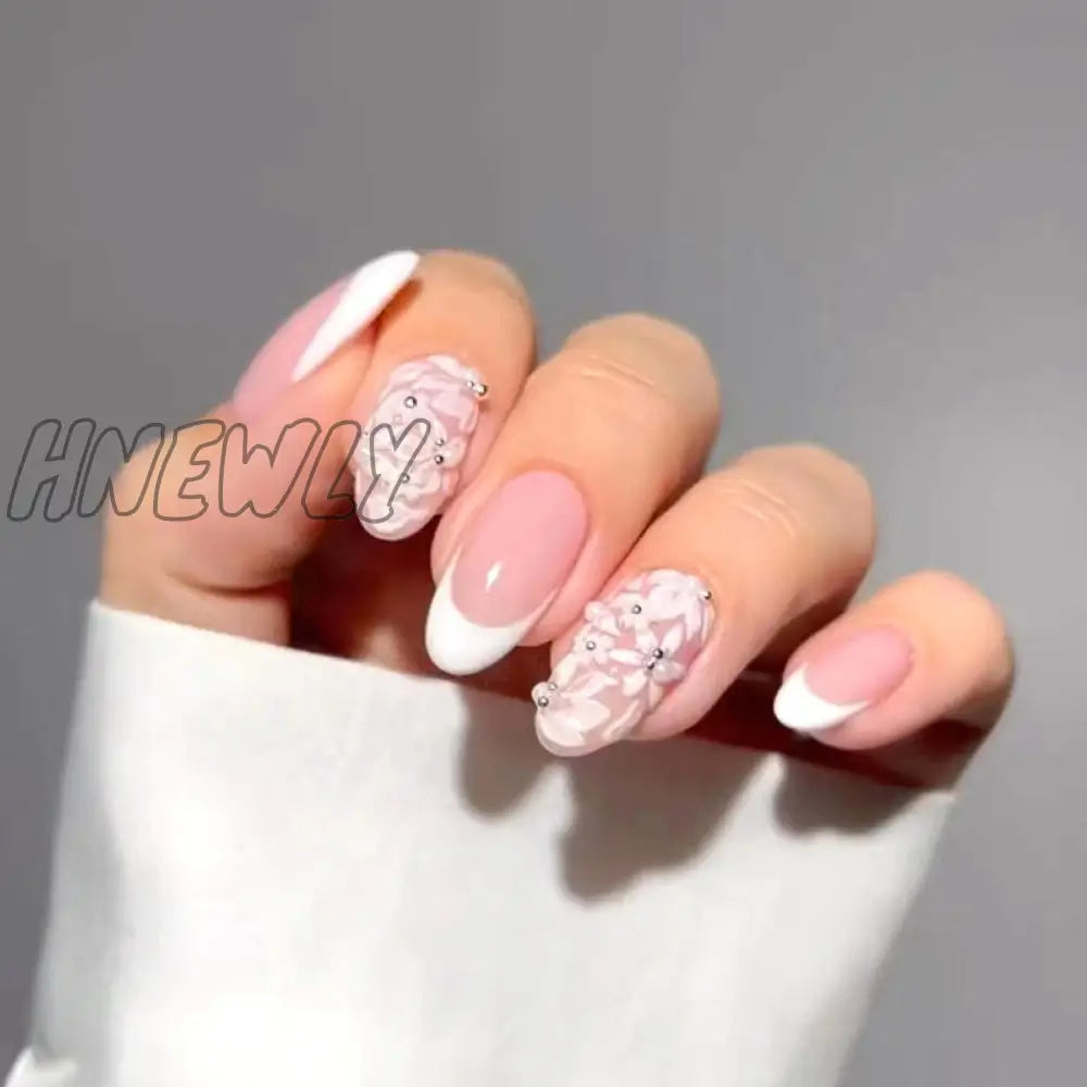 24Pcs Bridal Nail Art Tips With Design Press On Nails Long False Glue Coffin Nail Rhinestones