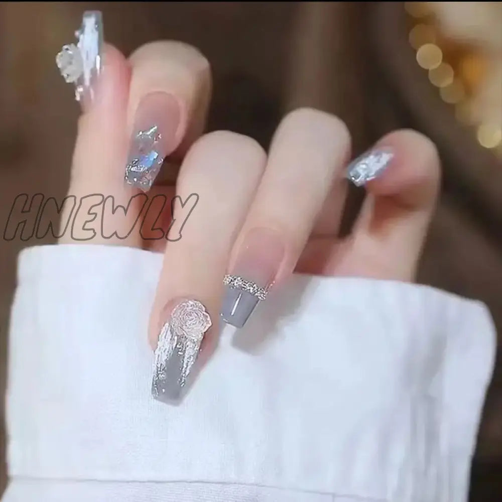 24Pcs Bridal Nail Art Tips With Design Press On Nails Long False Glue Coffin Nail Rhinestones