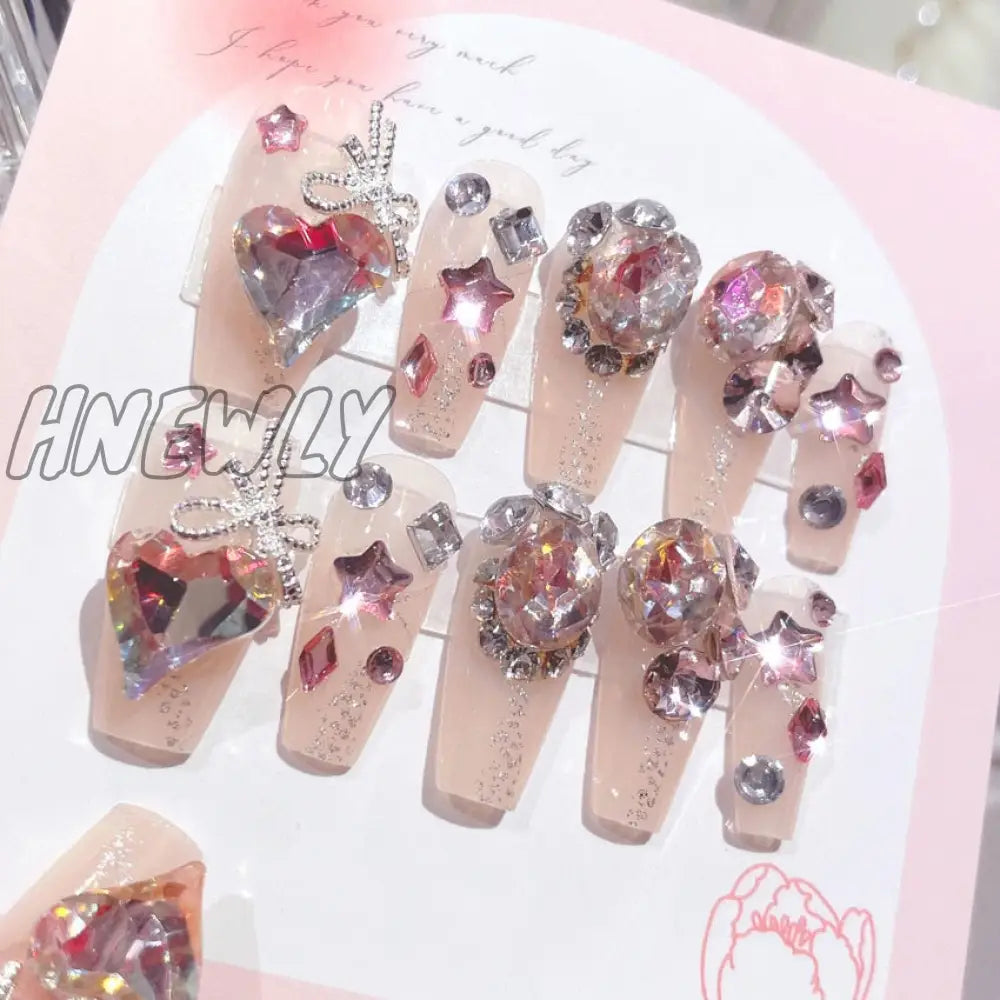 24Pcs Bridal Nail Art Tips With Design Press On Nails Long False Glue Coffin Nail Rhinestones