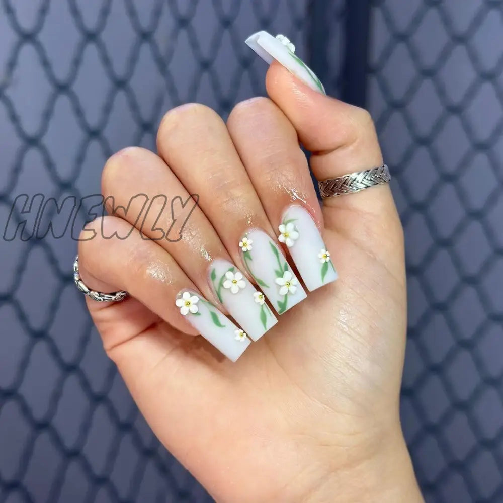 24Pcs Extra Long Square Head False Nails White Solid Simple French Fake Nail Wearable Ballet Press