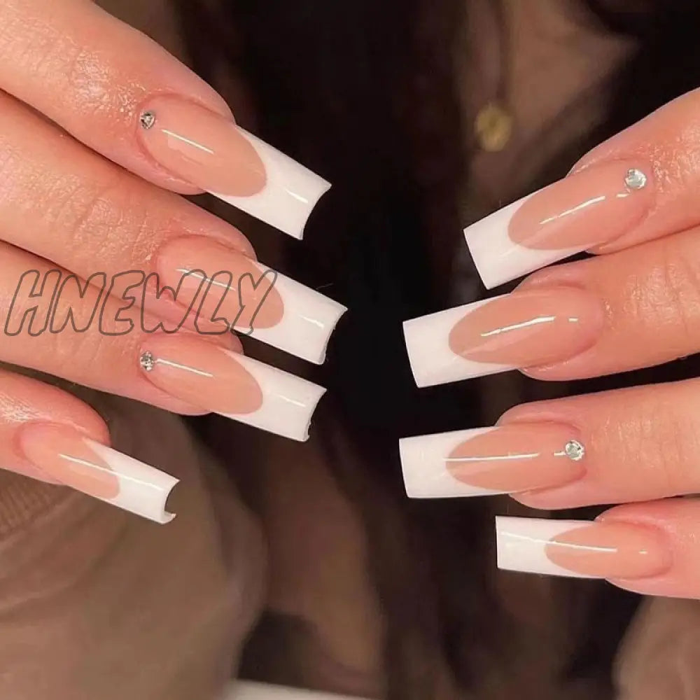 24Pcs Extra Long Square Head False Nails White Solid Simple French Fake Nail Wearable Ballet Press