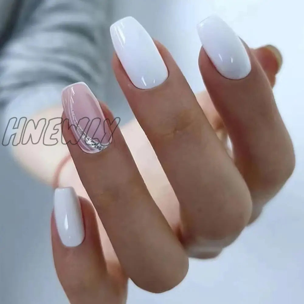 24Pcs Extra Long Square Head False Nails White Solid Simple French Fake Nail Wearable Ballet Press