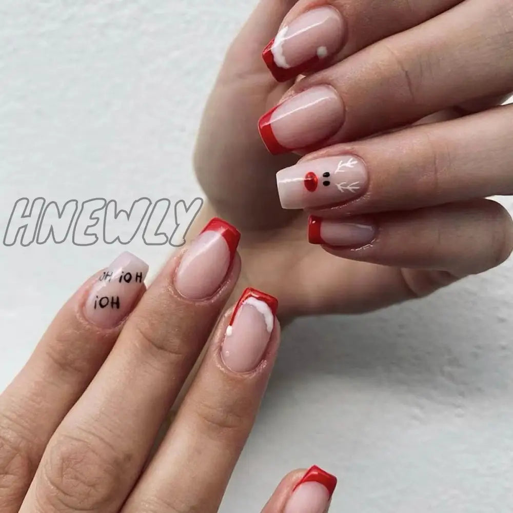 24Pcs Long Ballet Christmas False Nails Wearable Xmas Style Fake Elk Santa Claus Design Full Cover