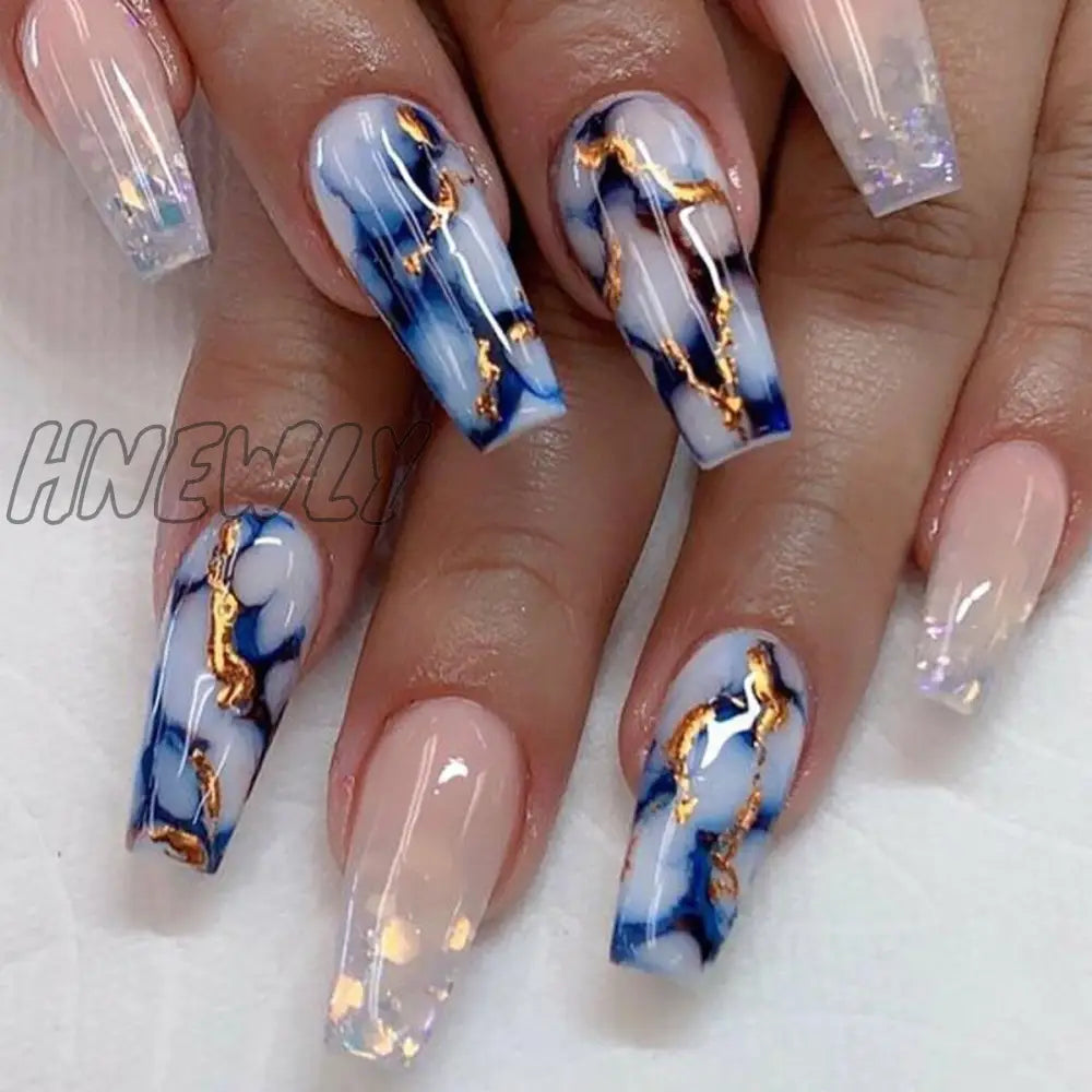 24Pcs Long Square Press On Nails Love Pattern Design Artifical Coffin False Nail Brown French