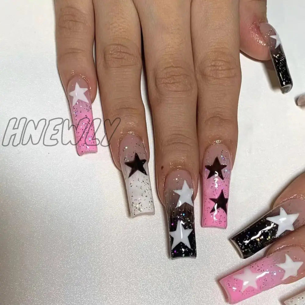 24Pcs Long Square Press On Nails Love Pattern Design Artifical Coffin False Nail Brown French