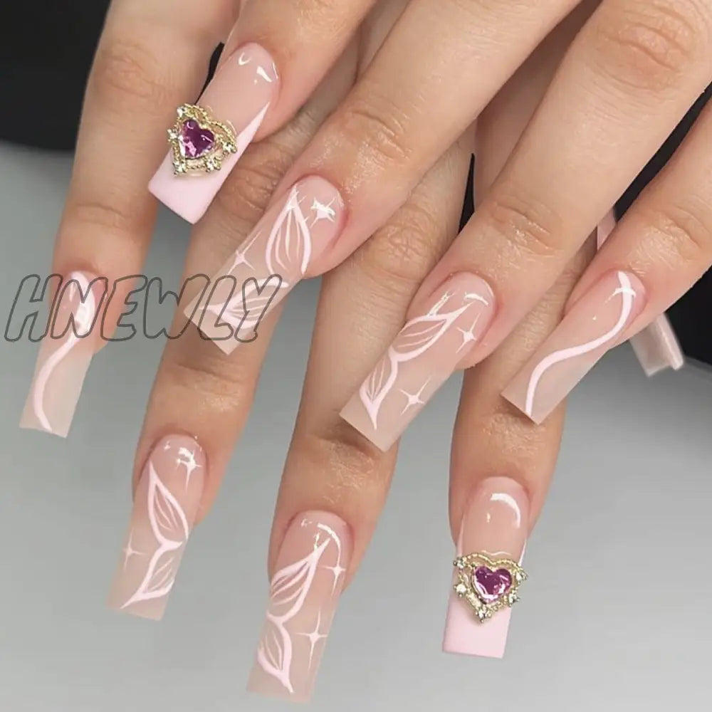 24Pcs Long Square Press On Nails Love Pattern Design Artifical Coffin False Nail Brown French