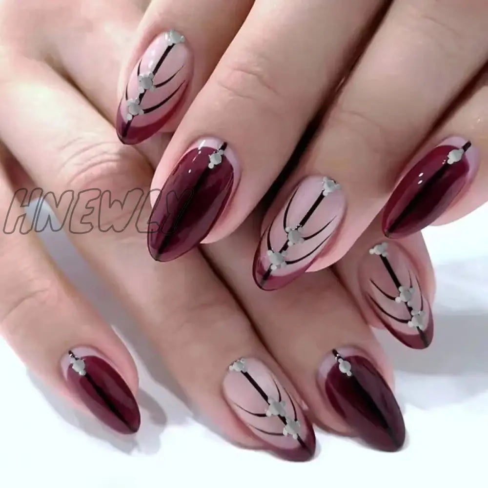 24Pcs Long Stiletto Press On Nails Box Acrylic False With Almond Designs Black Gold Foil French