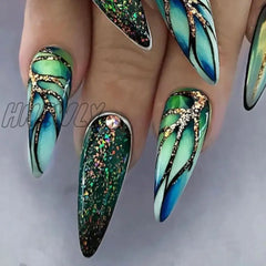 24Pcs Long Stiletto Press On Nails Box Acrylic False With Almond Designs Black Gold Foil French