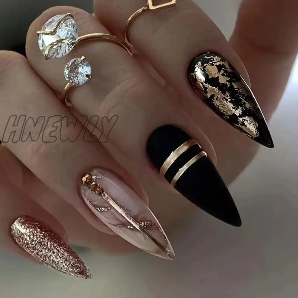 24Pcs Long Stiletto Press On Nails Box Acrylic False With Almond Designs Black Gold Foil French