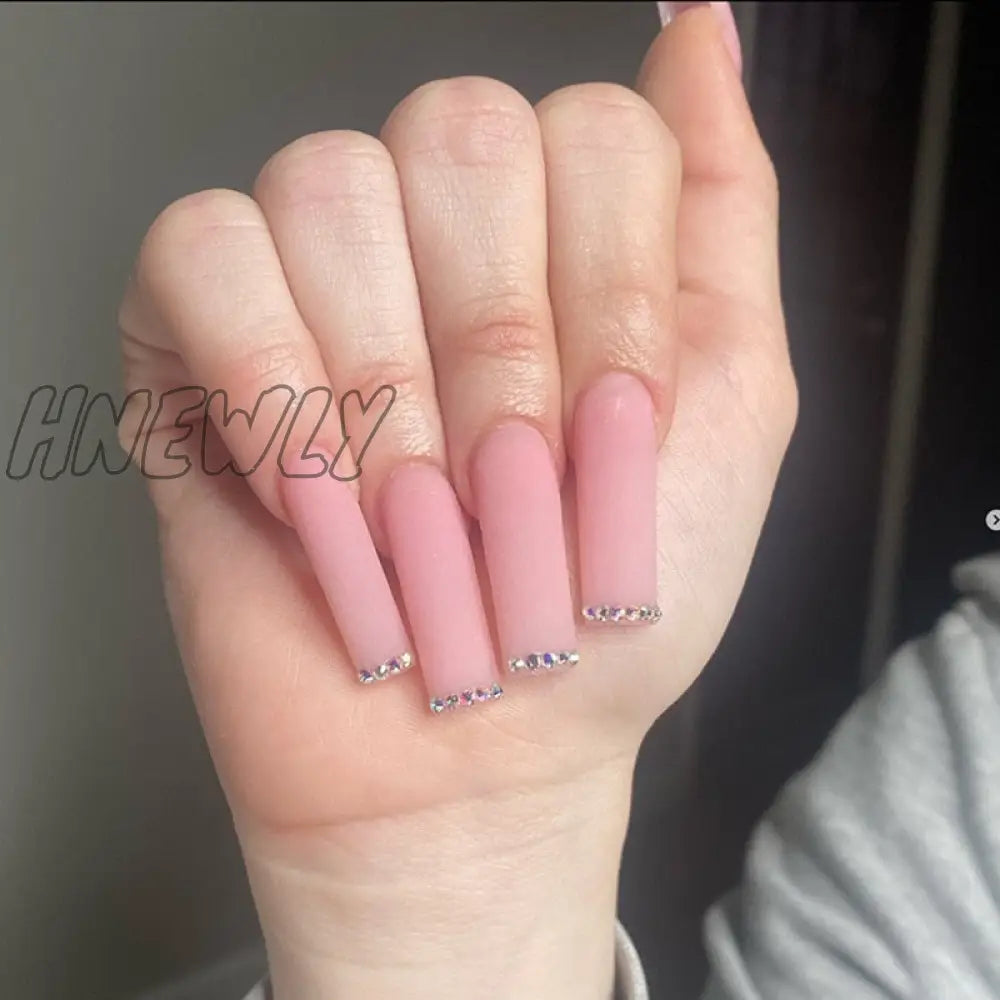 24Pcs Pink Flower Wearable False Nail Tips Long Square Fake With Rhinestone Design Acrylic Coffin