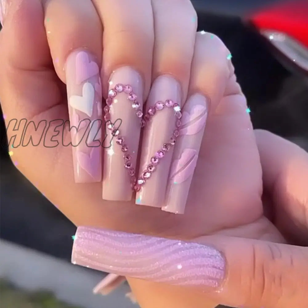 24Pcs Pink Flower Wearable False Nail Tips Long Square Fake With Rhinestone Design Acrylic Coffin