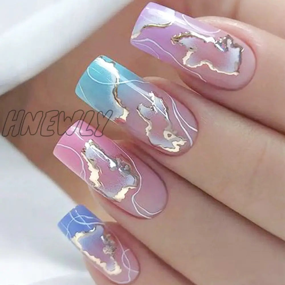 24Pcs Pink Flower Wearable False Nail Tips Long Square Fake With Rhinestone Design Acrylic Coffin