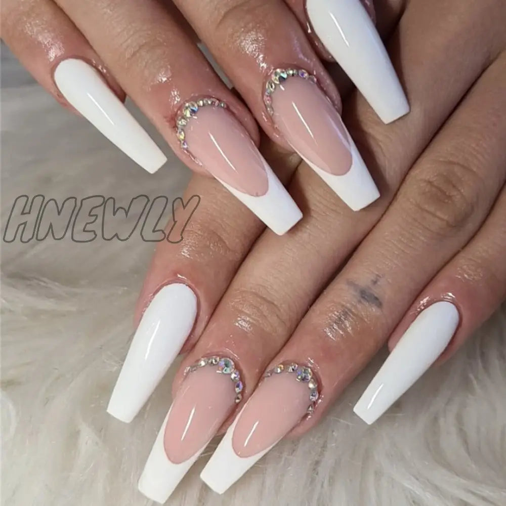 24Pcs Pink Flower Wearable False Nail Tips Long Square Fake With Rhinestone Design Acrylic Coffin