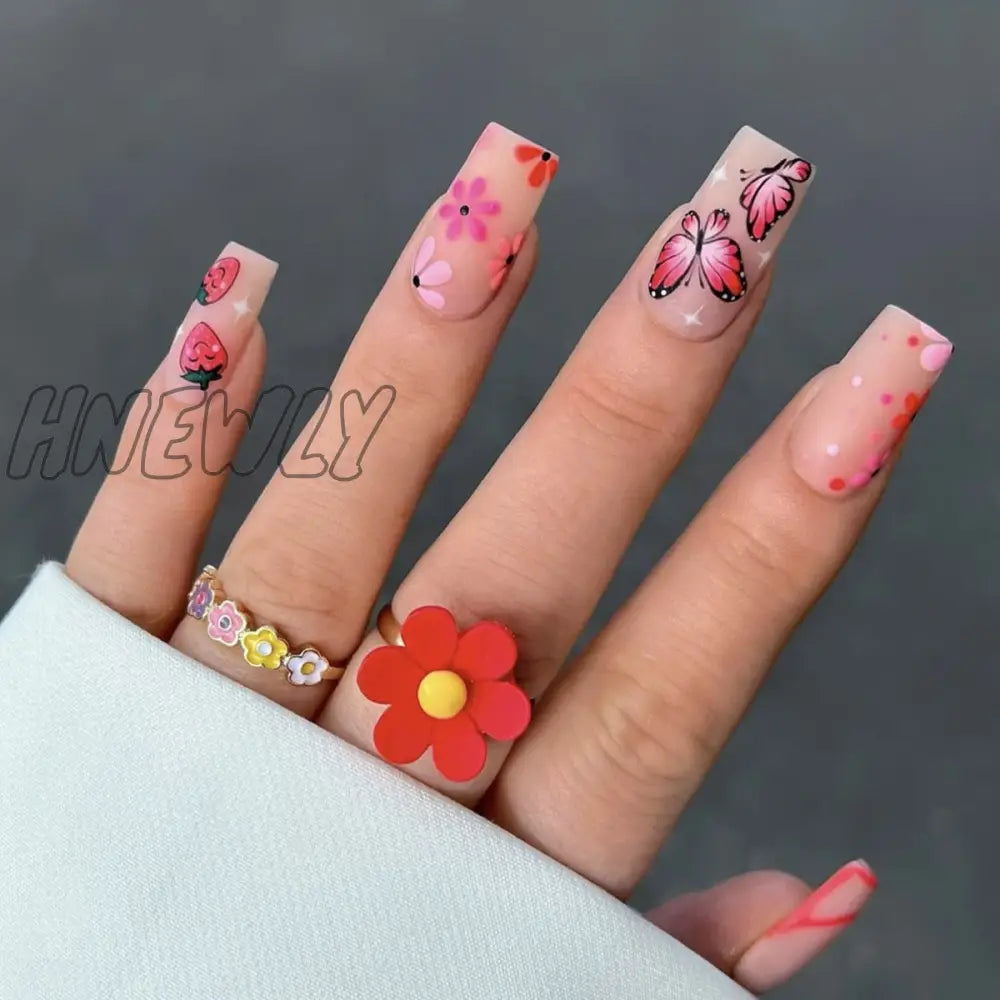 24Pcs Pink Flower Wearable False Nail Tips Long Square Fake With Rhinestone Design Acrylic Coffin