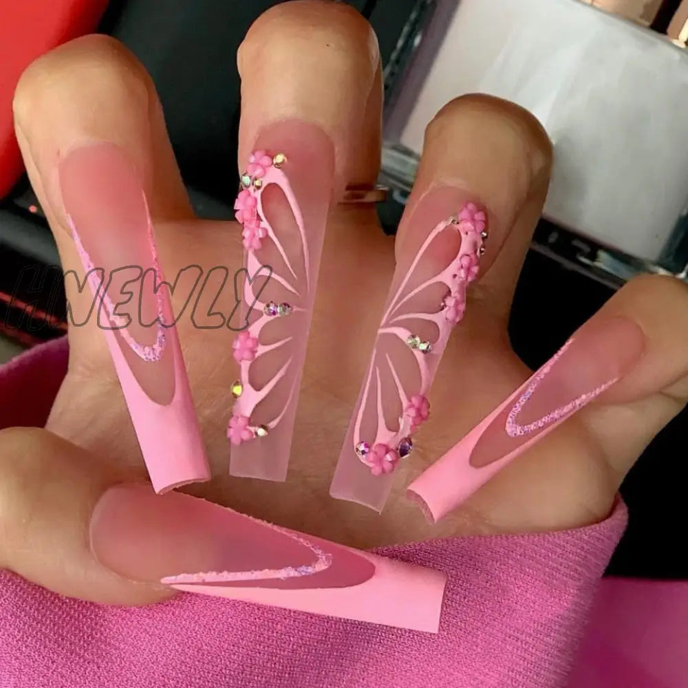 24Pcs Pink Flower Wearable False Nail Tips Long Square Fake With Rhinestone Design Acrylic Coffin