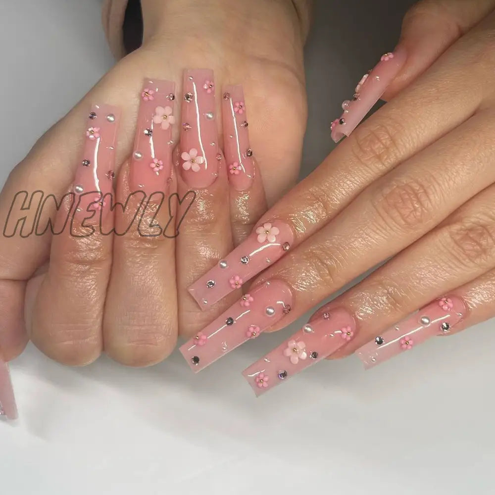 24Pcs Pink Flower Wearable False Nail Tips Long Square Fake With Rhinestone Design Acrylic Coffin