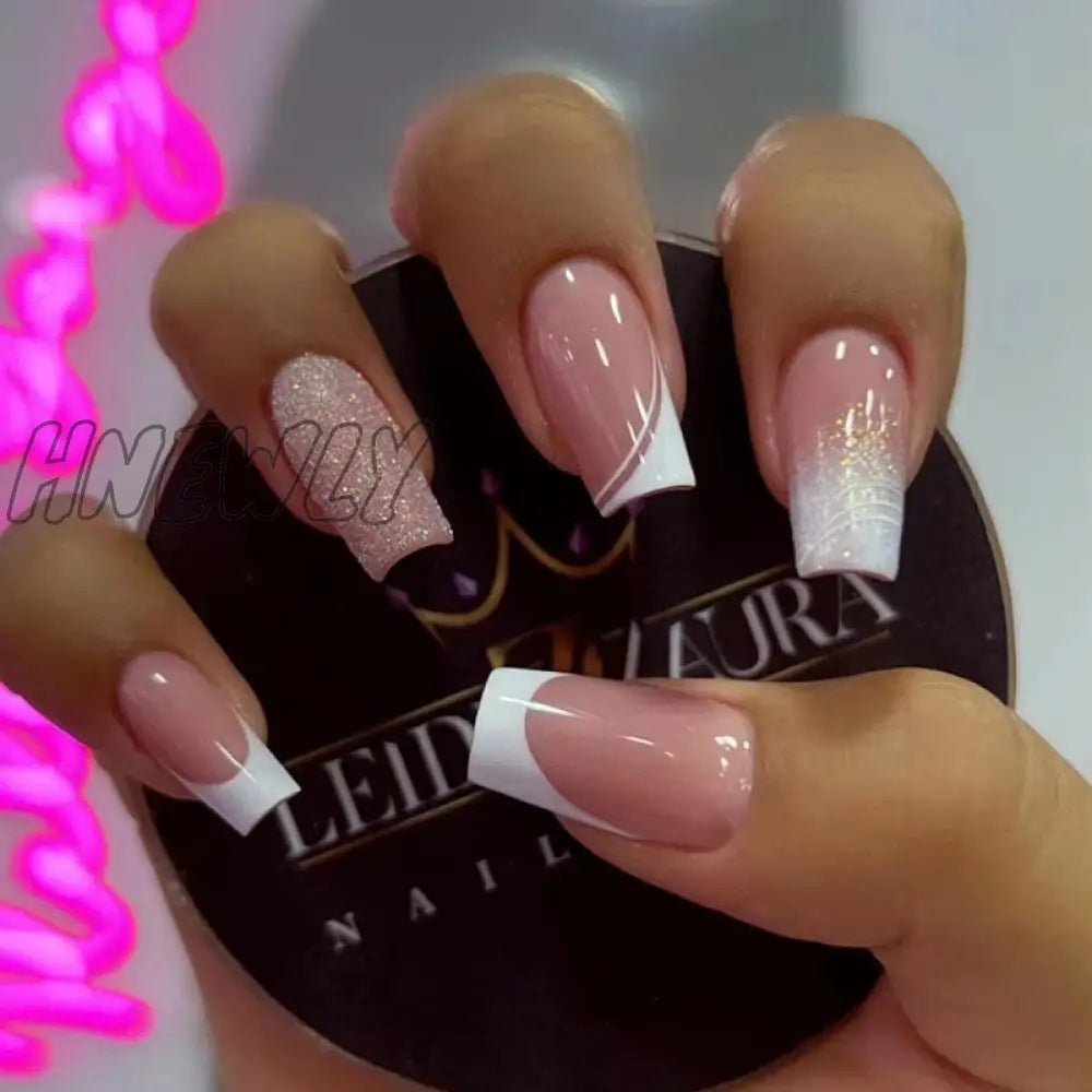 24Pcs Summer False Nails With Designs Charms Flame Long Ballerina Fake Nails Wearable Coffin French