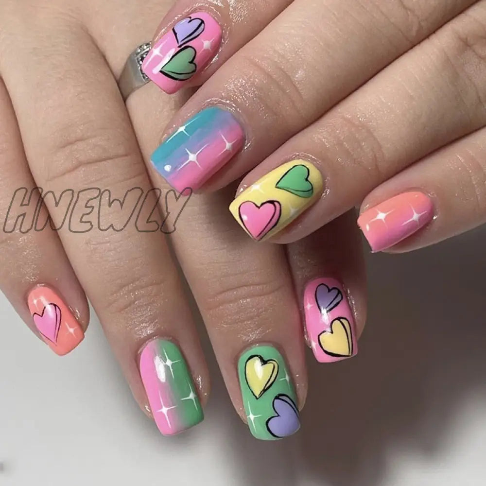 24Pcs Valentine’s Day Detachable False Nails Wearable French Fake Love Pattern Design Full Cover