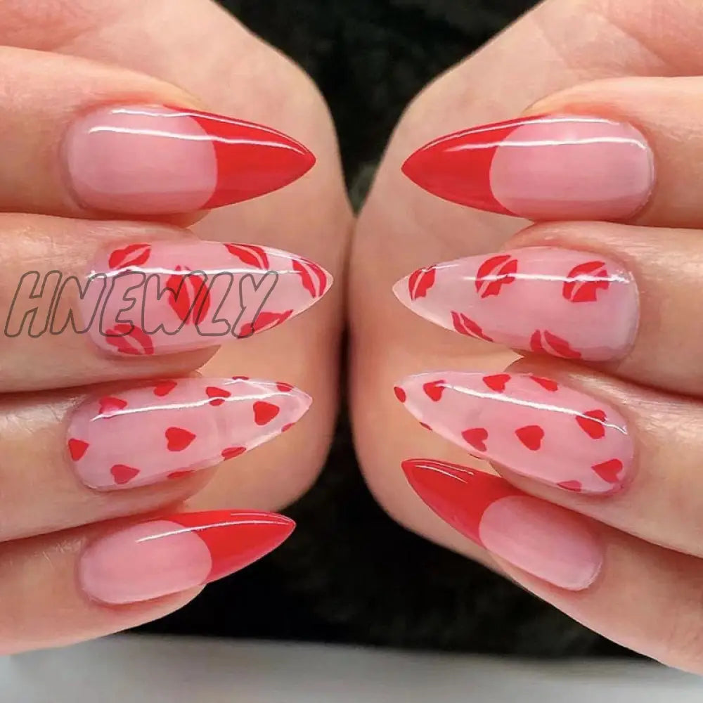 24Pcs Valentine’s Day Detachable False Nails Wearable French Fake Love Pattern Design Full Cover