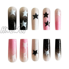 24Pcs Y2K Fake Nails Black White Star Printed Press On Nail Tips Long Coffin European Artificial