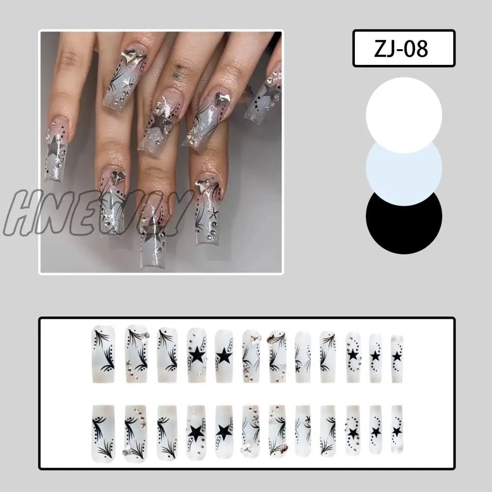 24Pcs Y2K Fake Nails Black White Star Printed Press On Nail Tips Long Coffin European Artificial