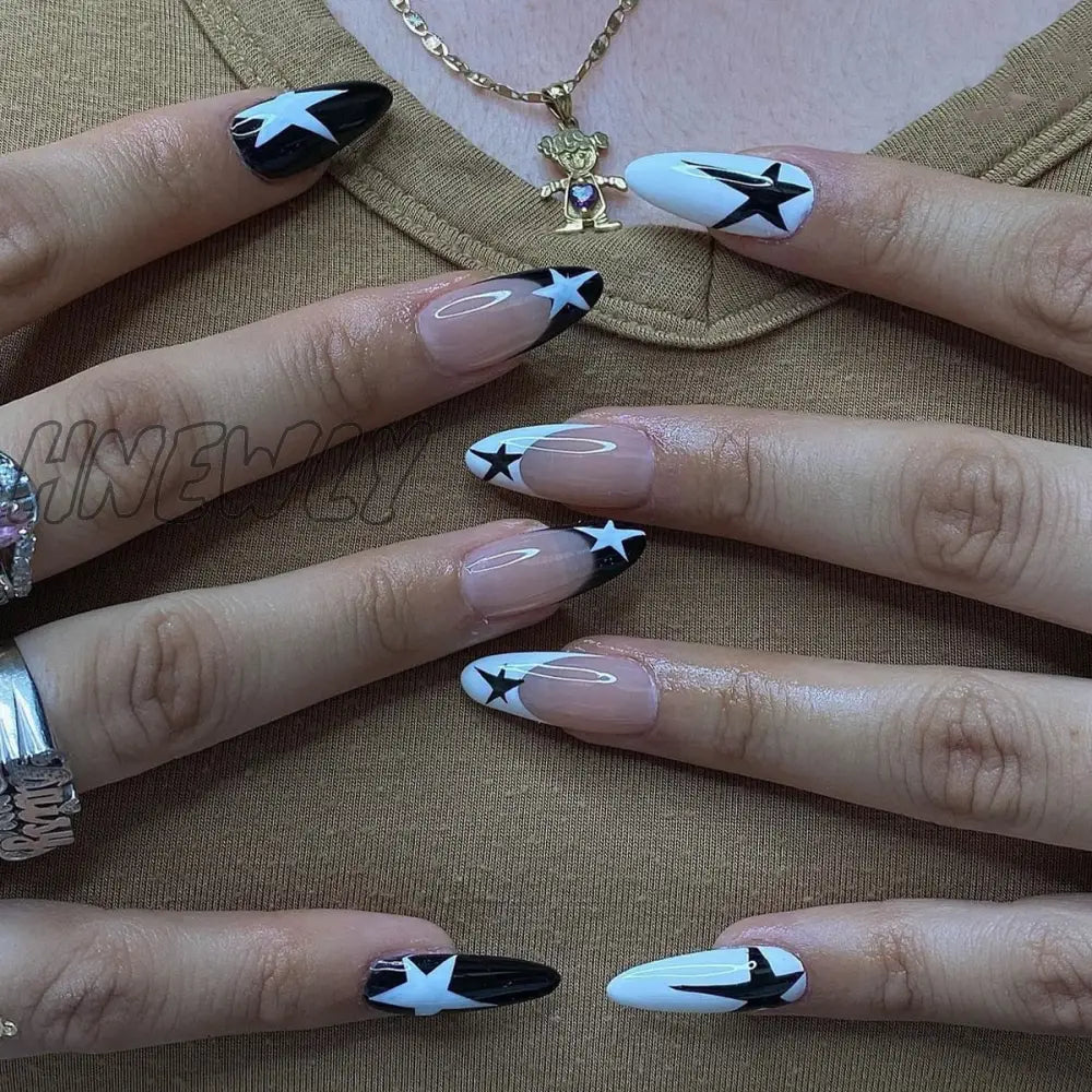 24Pcs Y2K Fake Nails Black White Star Printed Press On Nail Tips Long Coffin European Artificial