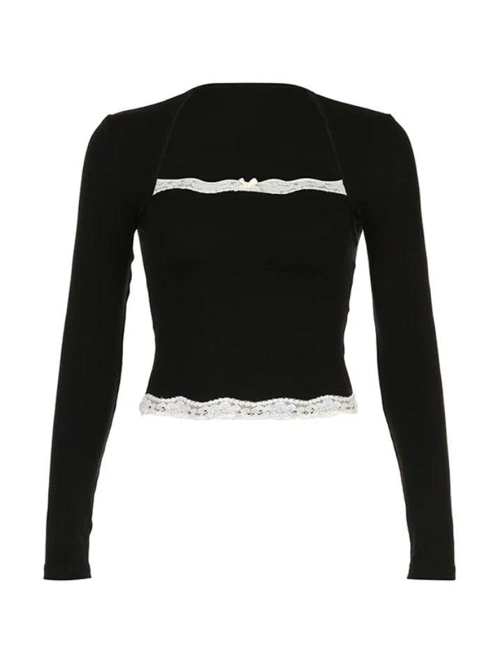 Hnewly French Lace Trim Splice Slim Long Sleeve Tee