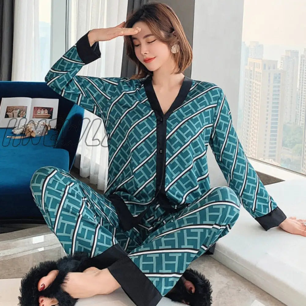 2Pcs Women’s Pajamas Sets Woman Pajama Summer V Neck Design Suit Long Sleeve Trousers Set Home