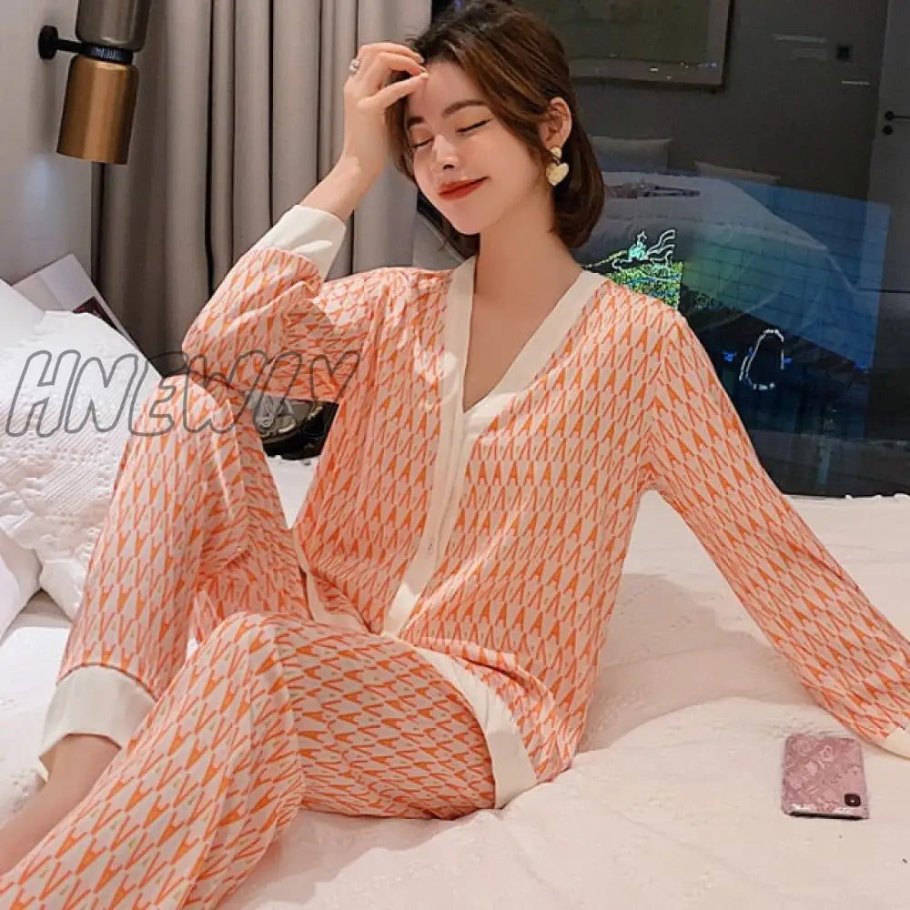 2Pcs Women’s Pajamas Sets Woman Pajama Summer V Neck Design Suit Long Sleeve Trousers Set Home