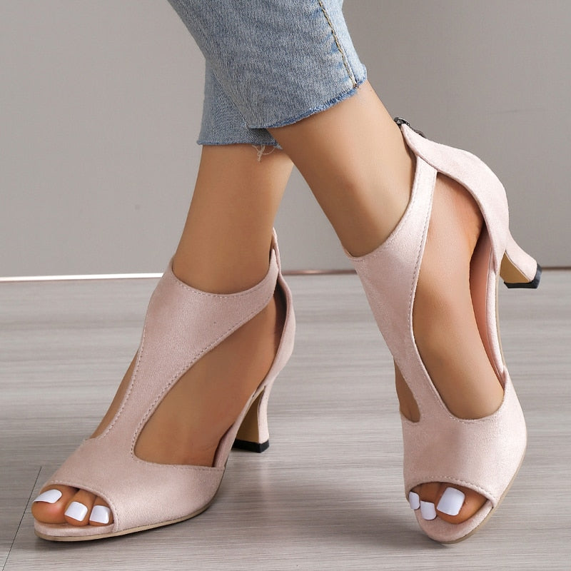 Sandals Woman Summer Round Toe Fish Toe Stiletto Sandals Social Shoes Medium Heel Roman High Heels Plus Size Party Elegant