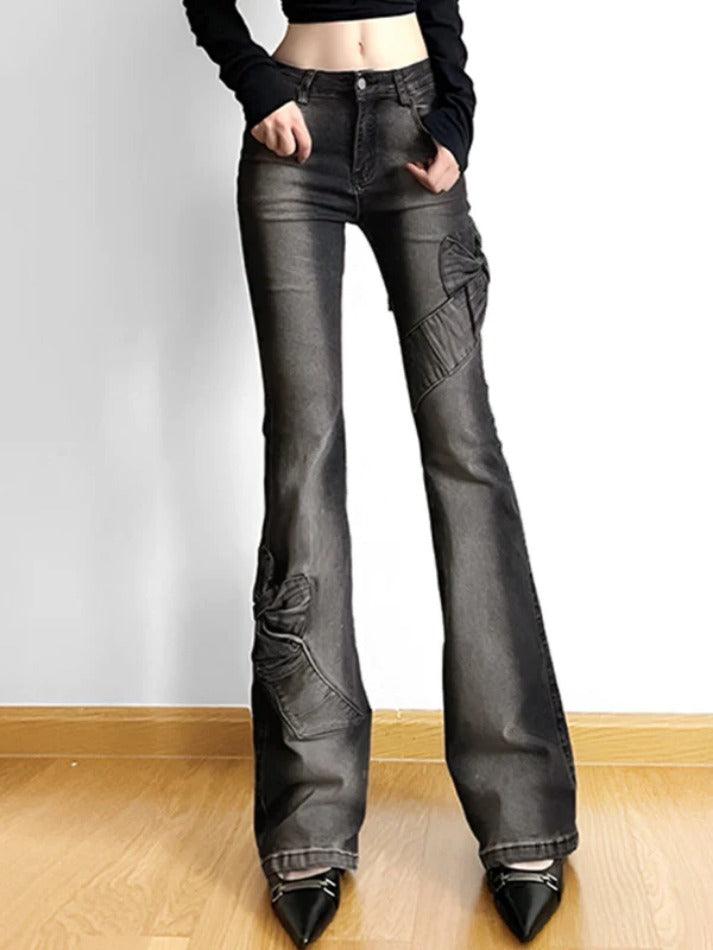 Hnewly - High Rise Ruched Bow Flare Jeans ddbos-shop