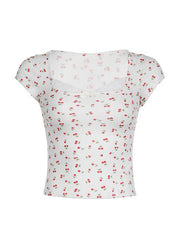 Hnewly Cap Sleeve Square-Neck Lace Panel Cherry Print Top