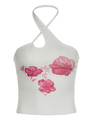 Hnewly Cross Strap Flower Print Slim-Fit Crop Tank Top