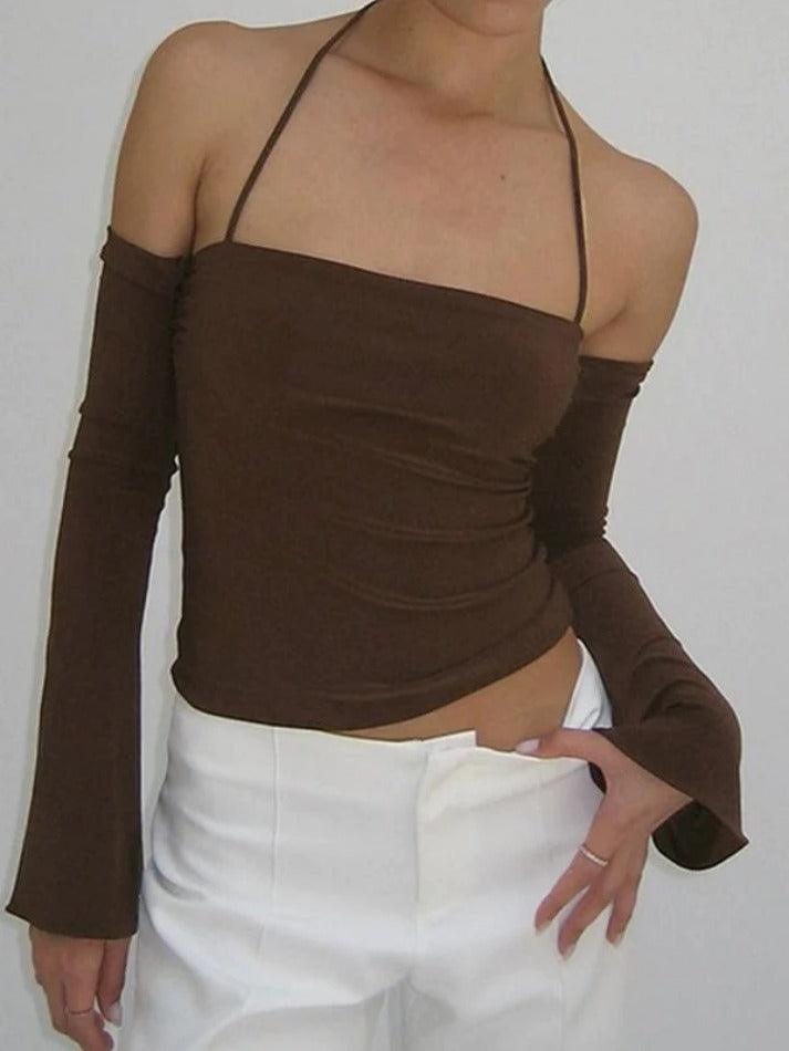 Hnewly Solid Halter Off Shoulder Long Sleeve Tee