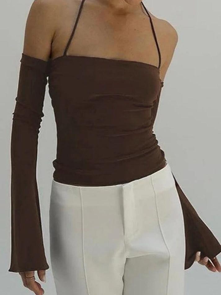 Hnewly Solid Halter Off Shoulder Long Sleeve Tee