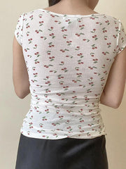 Hnewly Cap Sleeve Square-Neck Lace Panel Cherry Print Top