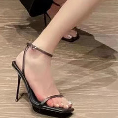 Hnewly Fashion Shoes for Women Buckle Strap Solid Women's Sandals Peep Toe Thin Heels Super High Pump Women Square Toe Heeled Sandals